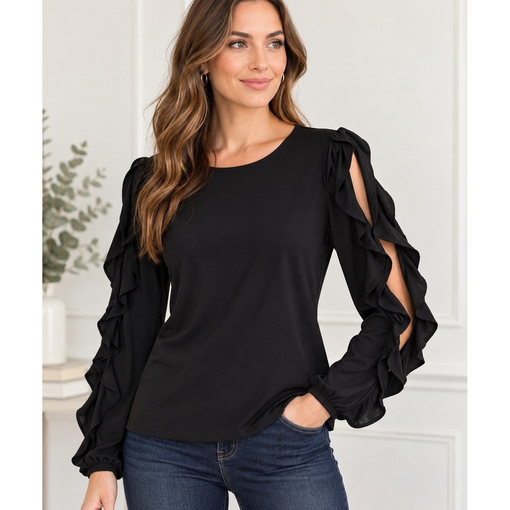 Banana Republic Black Peekaboo Ruffle Sleeve Long Sleeve Blouse Size XS Stretch